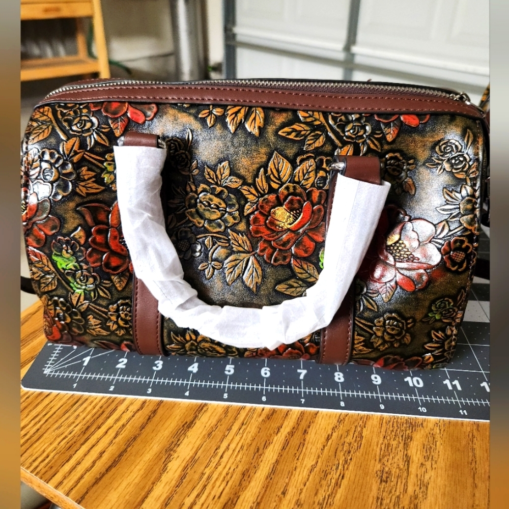 Brown flower embossed mini duffel